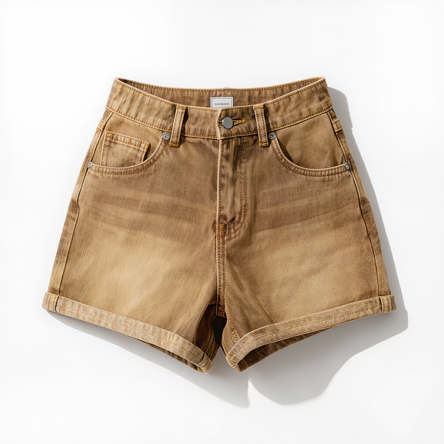 High-Waisted Vintage Tan Denim Shorts – Sun-Washed Mom Shorts with Cuffed Hem & Classic Five-Pocket Design