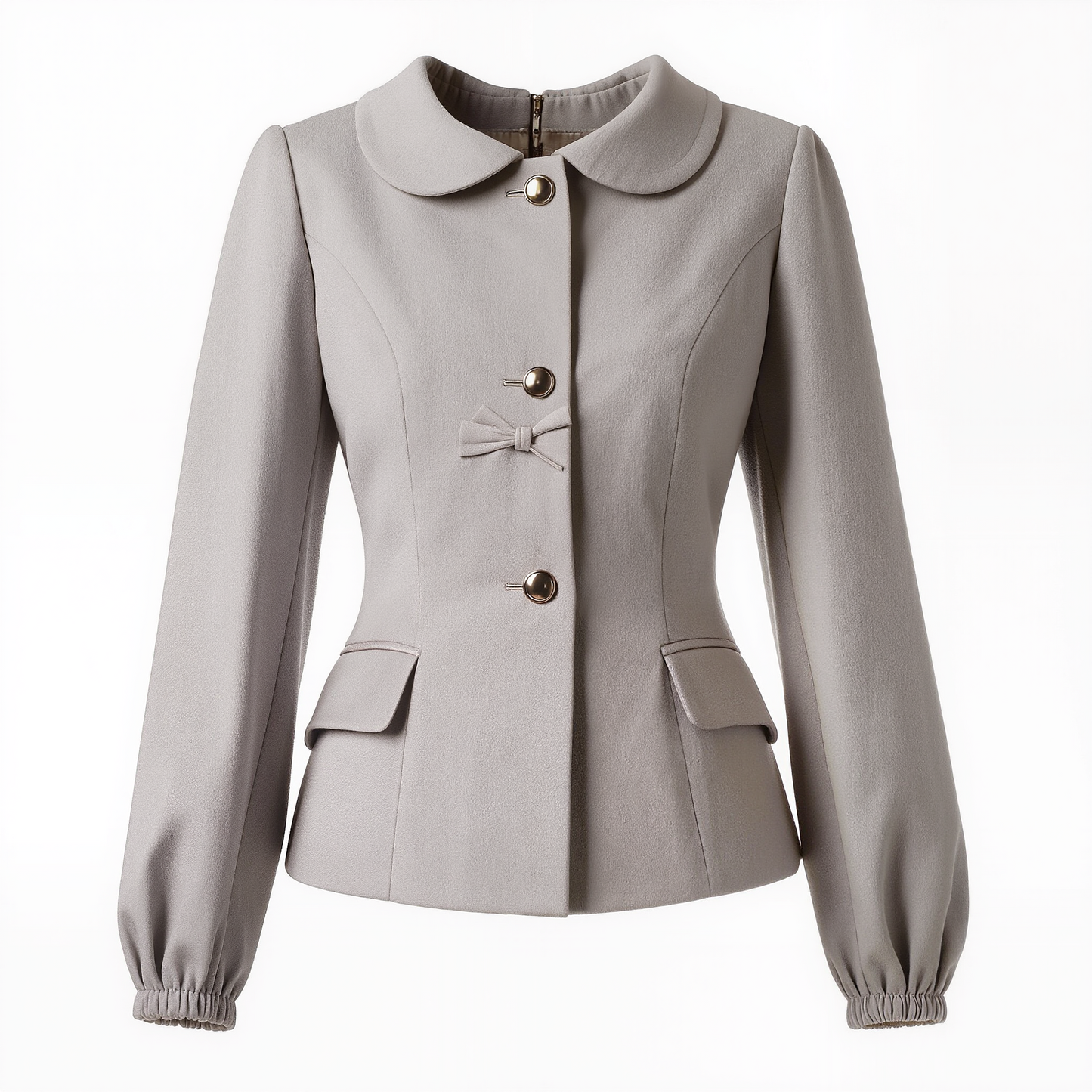 Vintage Dove Gray Peter Pan Collar Blazer – Retro 1960s-Inspired Fitted Jacket with Bow Detail & Gold Dome Buttons
