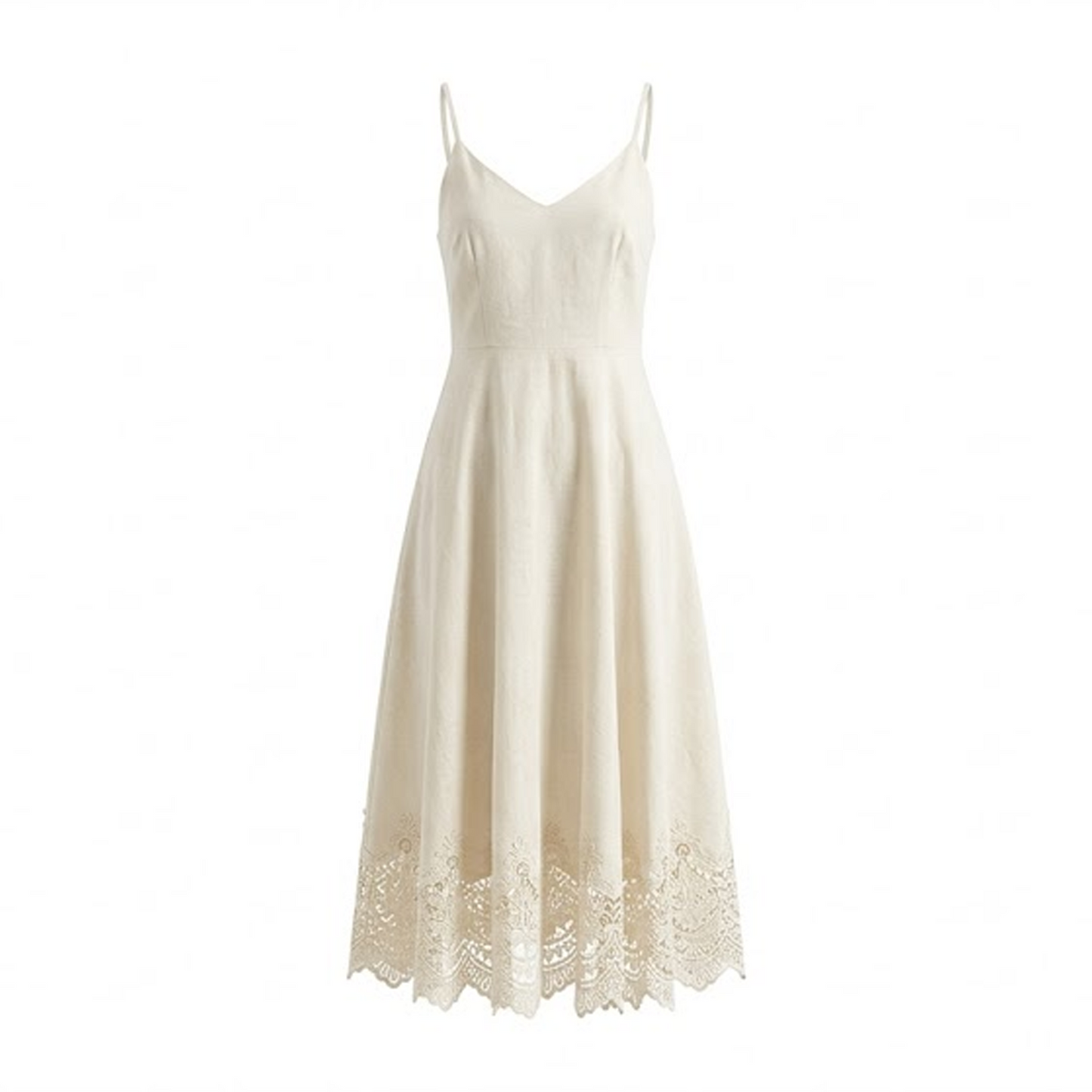 Ivory Linen-Blend Cami Midi Dress with Scalloped Lace Hem