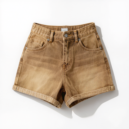 High-Waisted Vintage Tan Denim Shorts – Sun-Washed Mom Shorts with Cuffed Hem & Classic Five-Pocket Design