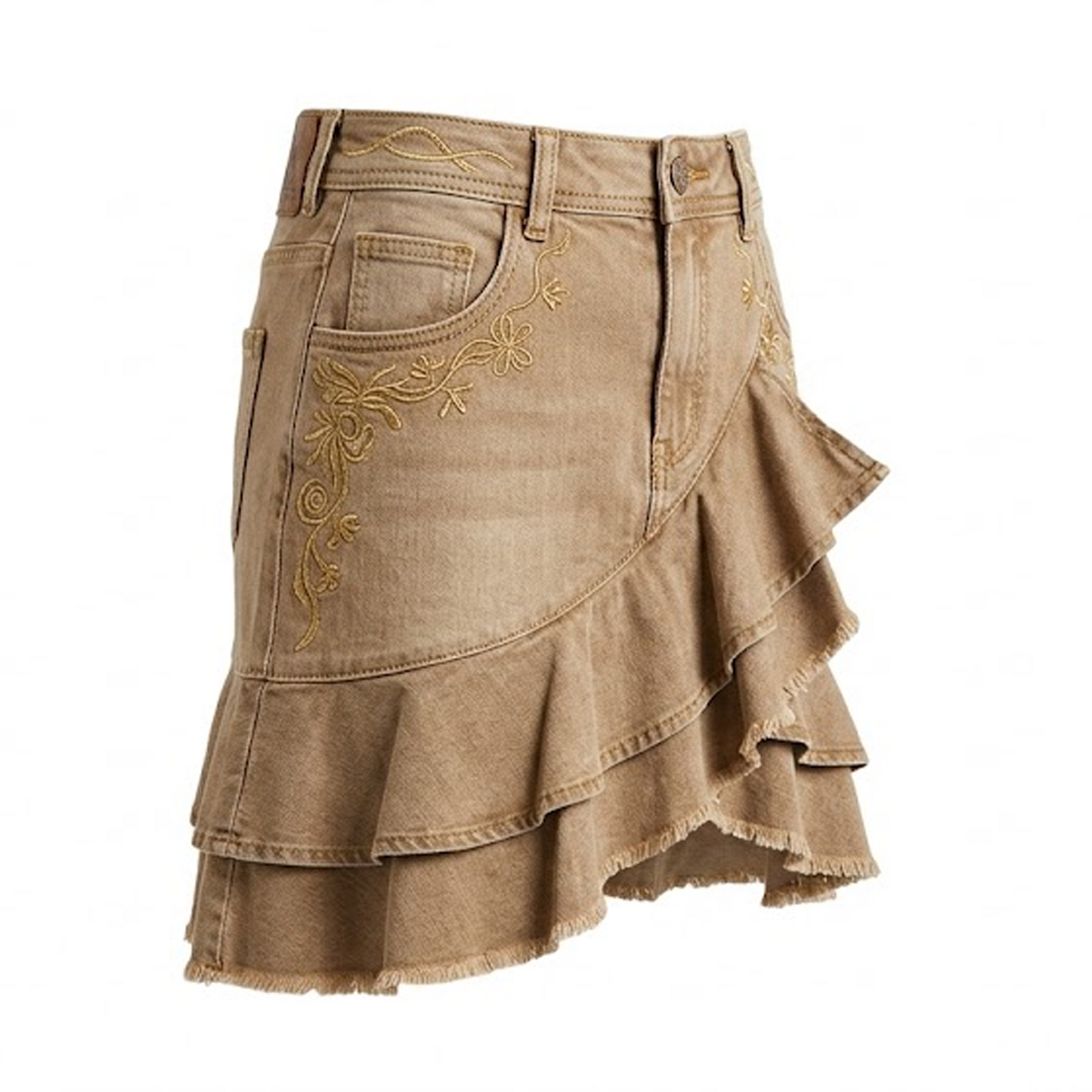 Abstract Brushstroke Denim Pencil Skirt – Vintage Light Wash Midi Skirt with Artistic Painterly Print & Cream Overlay