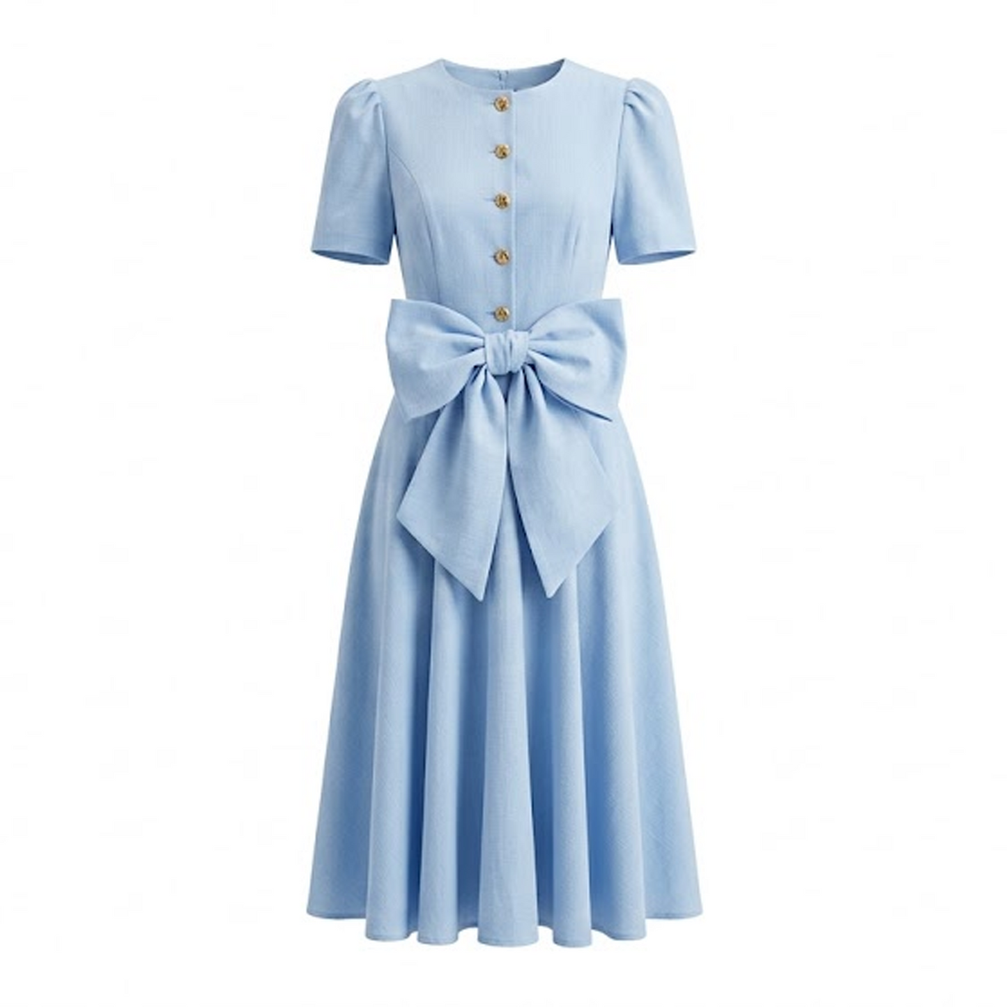 Light Blue Puff-Sleeve Midi Dress with Statement Waist Bow