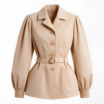 Vintage Camel Belted Peplum Blazer – Elegant 1940s-Inspired Notched Lapel Jacket with Puff Sleeves & Patch Pockets