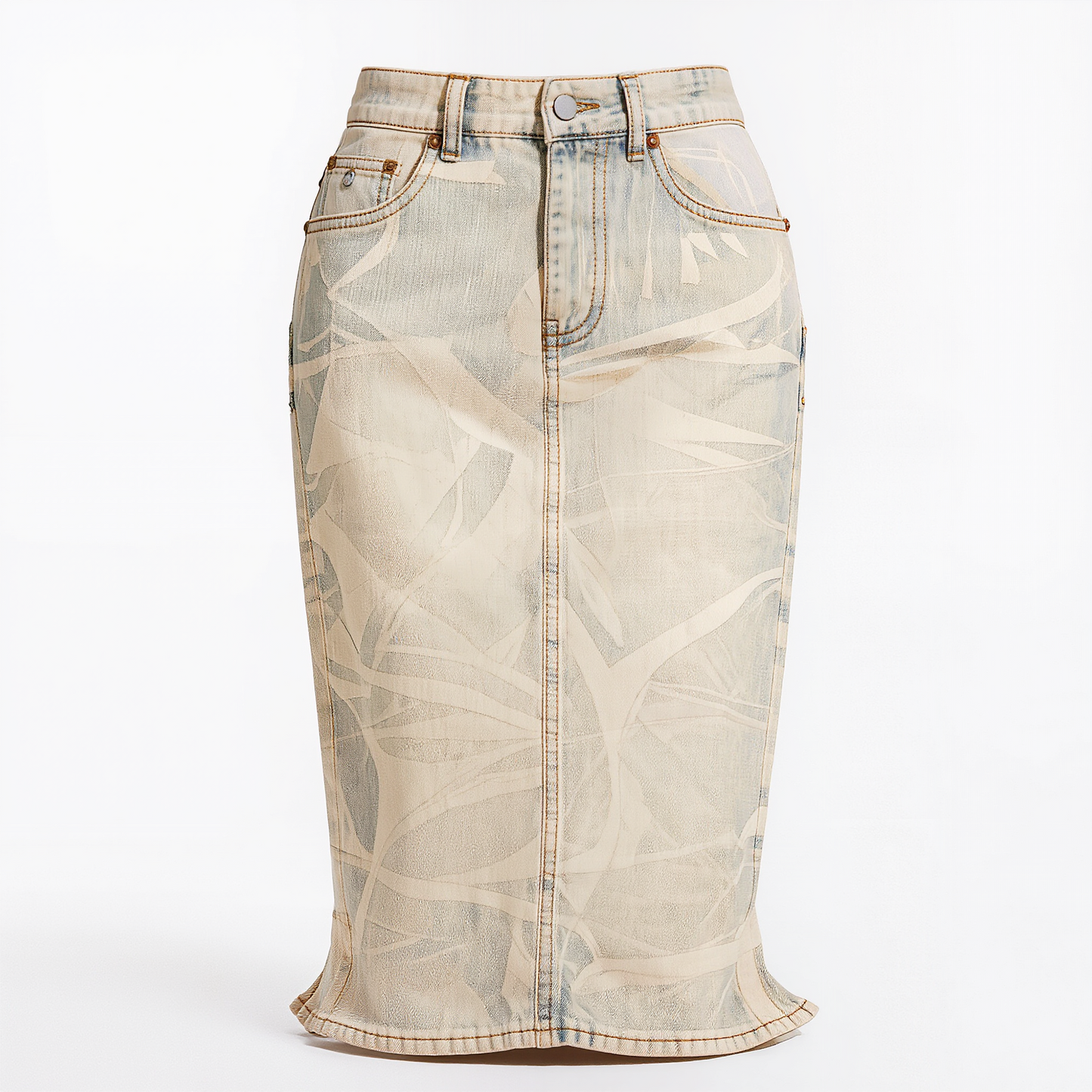 Abstract Print Washed Denim Midi Skirt