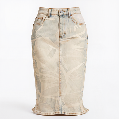 Abstract Print Washed Denim Midi Skirt