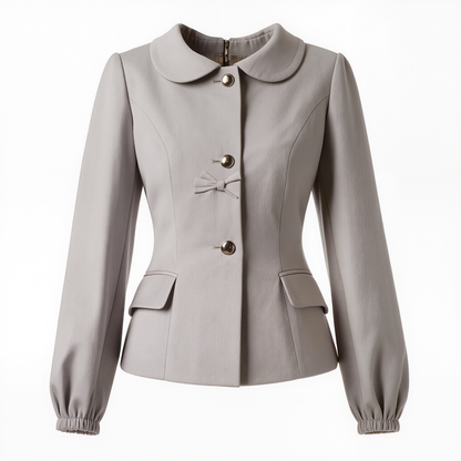Vintage Dove Gray Peter Pan Collar Blazer – Retro 1960s-Inspired Fitted Jacket with Bow Detail & Gold Dome Buttons