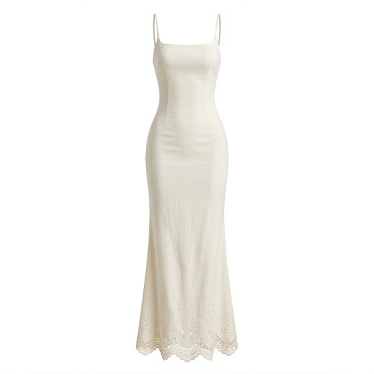 Ethereal Ivory Embroidered Slip Maxi Dress – Romantic Bias-Cut Spaghetti Strap Gown with Floral Cutwork Scalloped Hem