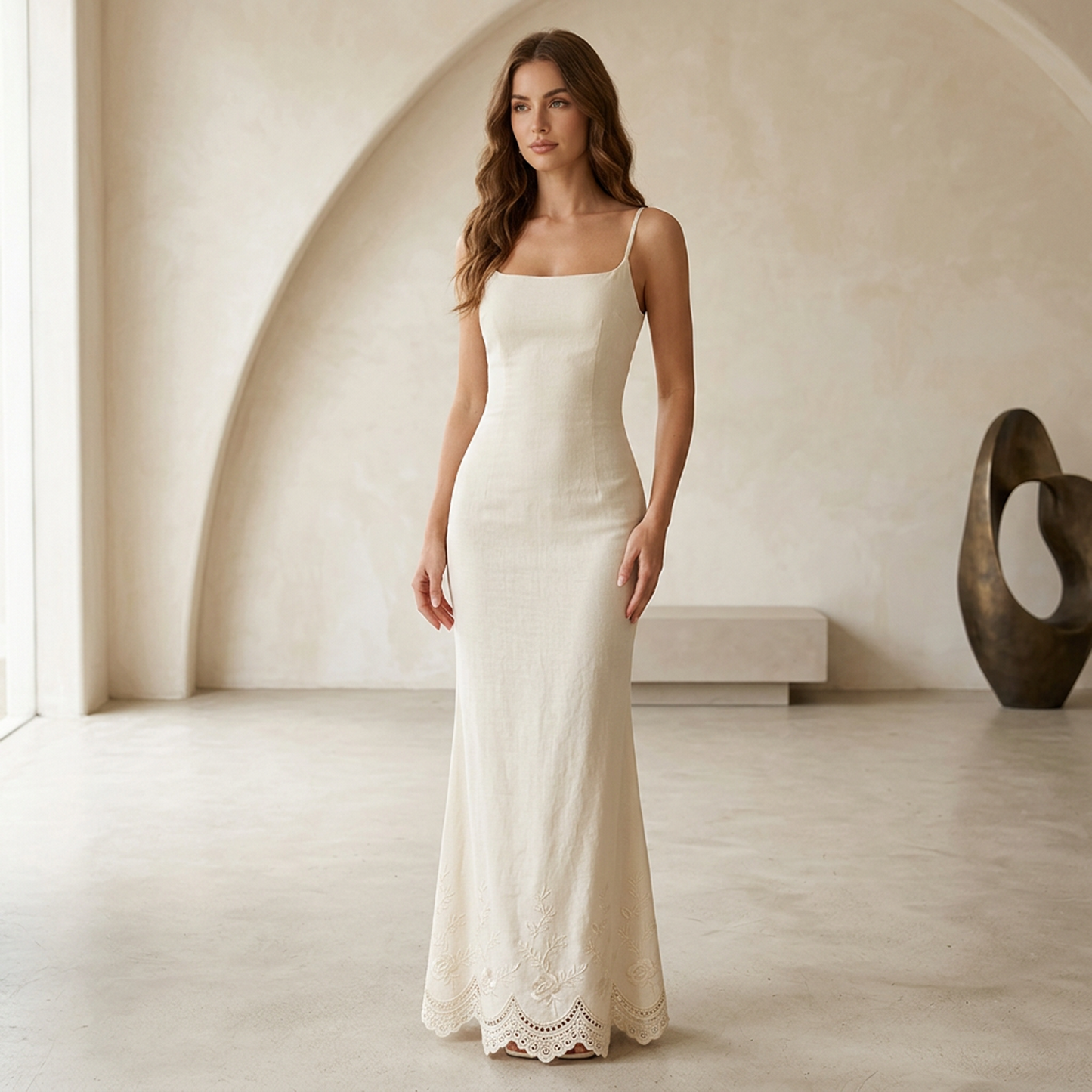 Ethereal Ivory Embroidered Slip Maxi Dress – Romantic Bias-Cut Spaghetti Strap Gown with Floral Cutwork Scalloped Hem