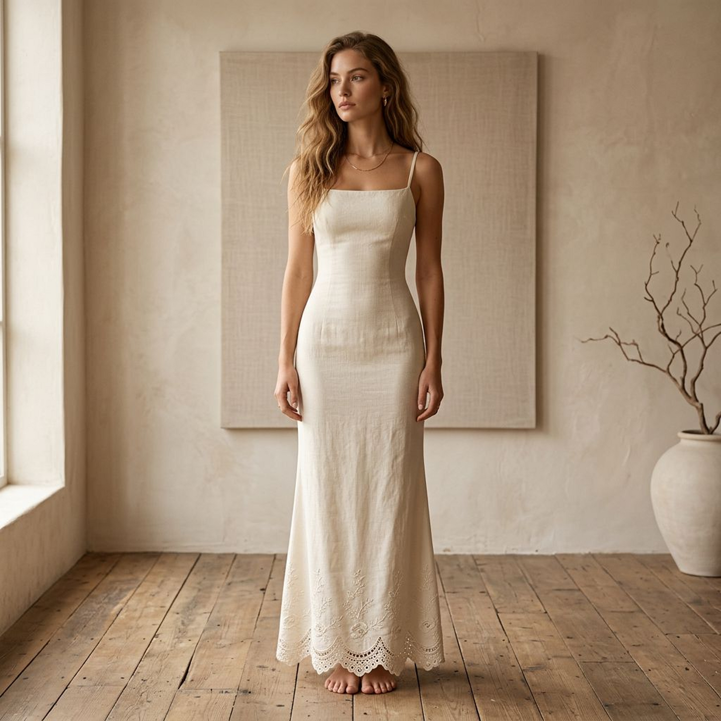 Ethereal Ivory Embroidered Slip Maxi Dress – Romantic Bias-Cut Spaghetti Strap Gown with Floral Cutwork Scalloped Hem