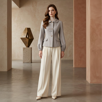 Vintage Dove Gray Peter Pan Collar Blazer – Retro 1960s-Inspired Fitted Jacket with Bow Detail & Gold Dome Buttons