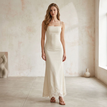 Ethereal Ivory Embroidered Slip Maxi Dress – Romantic Bias-Cut Spaghetti Strap Gown with Floral Cutwork Scalloped Hem
