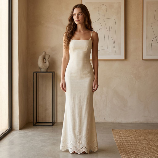 Ethereal Ivory Embroidered Slip Maxi Dress – Romantic Bias-Cut Spaghetti Strap Gown with Floral Cutwork Scalloped Hem
