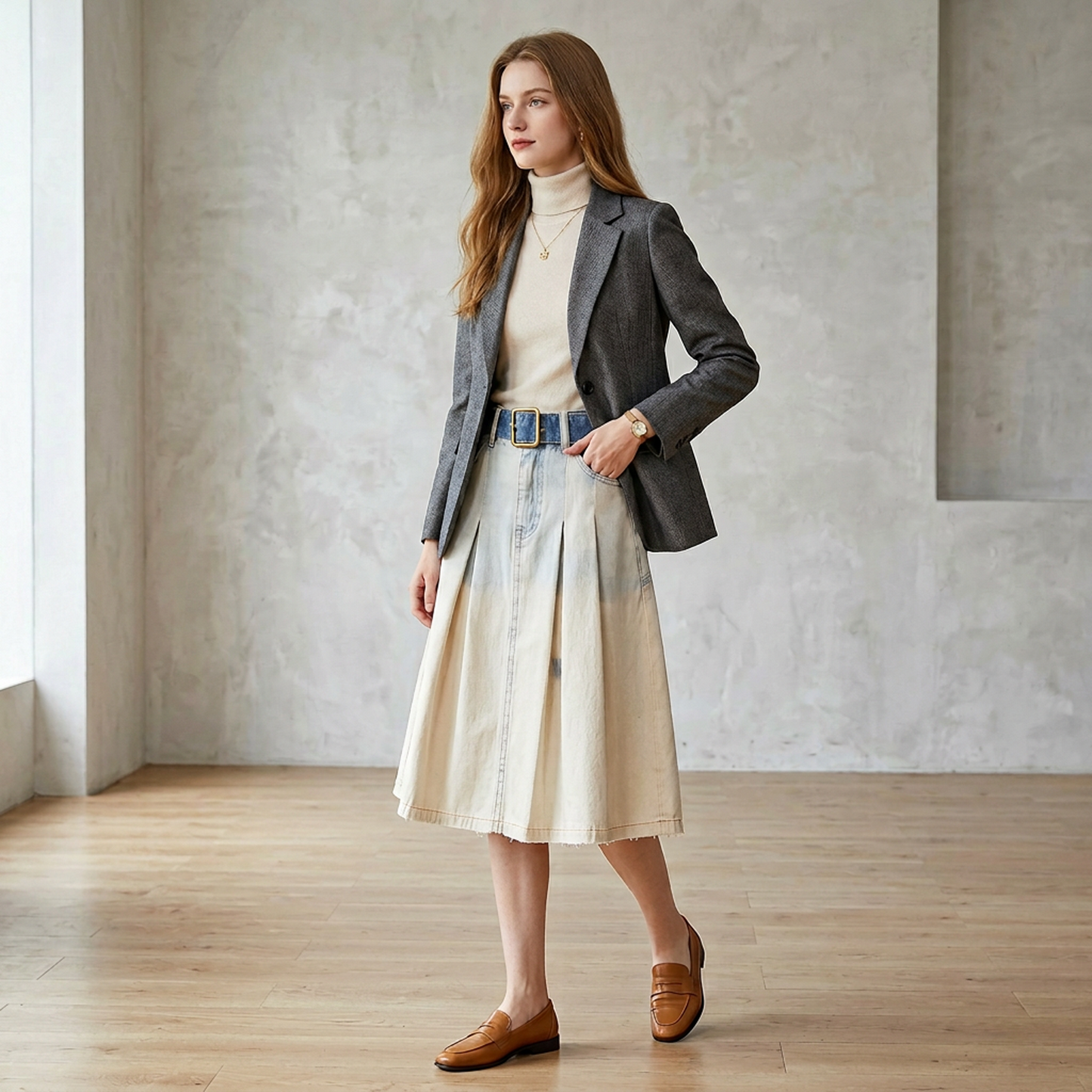 Two-Tone Pleated Denim Midi Skirt – Ivory Cream & Blue Denim A-Line Skirt with Contrast Belt &amp; Brass Buckle