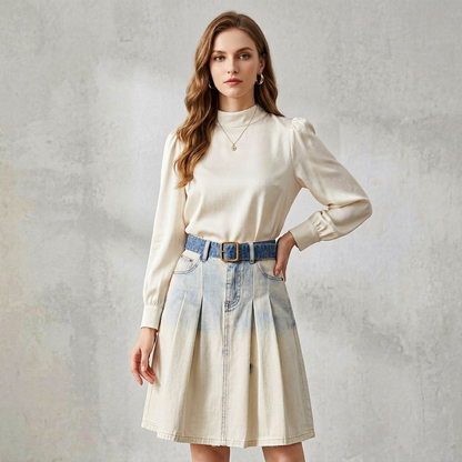 Two-Tone Pleated Denim Midi Skirt – Ivory Cream & Blue Denim A-Line Skirt with Contrast Belt &amp; Brass Buckle