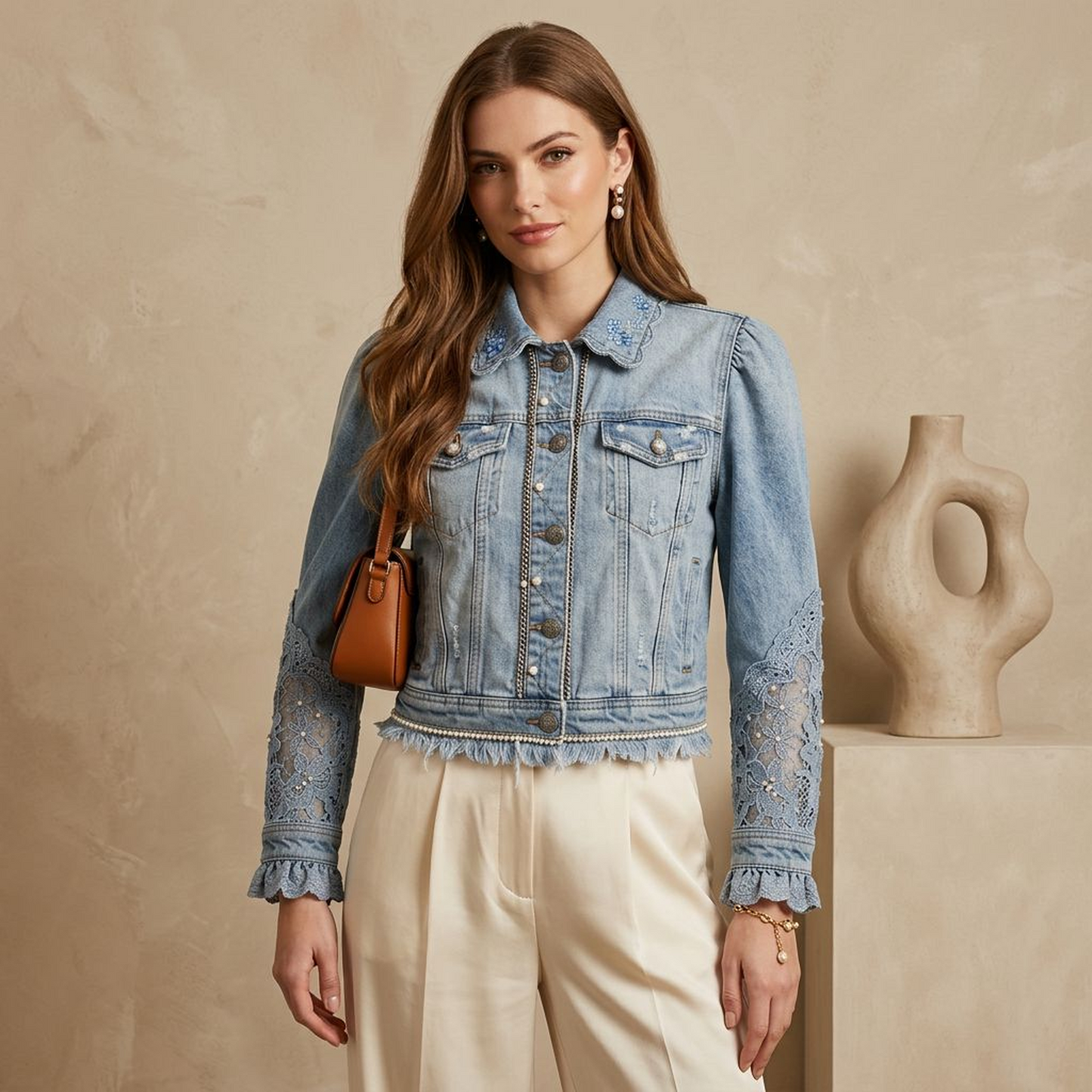 Vintage Boho Light Wash Denim Jacket – Romantic Puff Sleeve Cropped Jean Jacket with Floral Lace Cutouts, Pearl Buttons & Frayed Hem