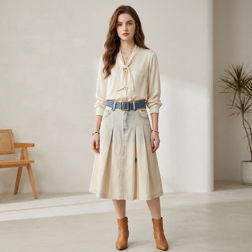 Two-Tone Pleated Denim Midi Skirt – Ivory Cream & Blue Denim A-Line Skirt with Contrast Belt &amp; Brass Buckle
