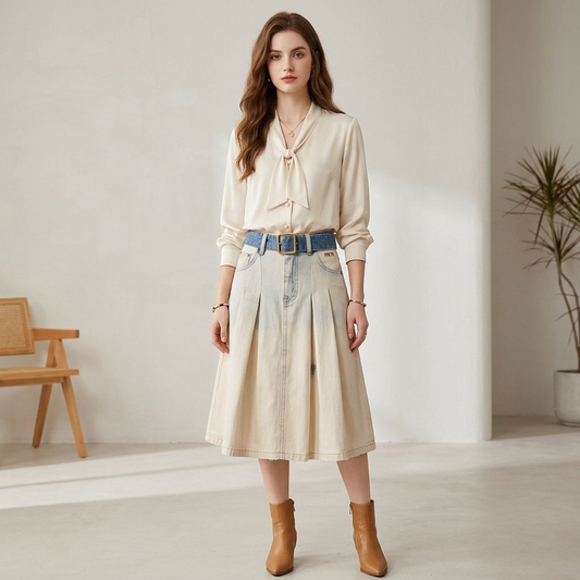 Two-Tone Pleated Denim Midi Skirt – Ivory Cream & Blue Denim A-Line Skirt with Contrast Belt &amp; Brass Buckle
