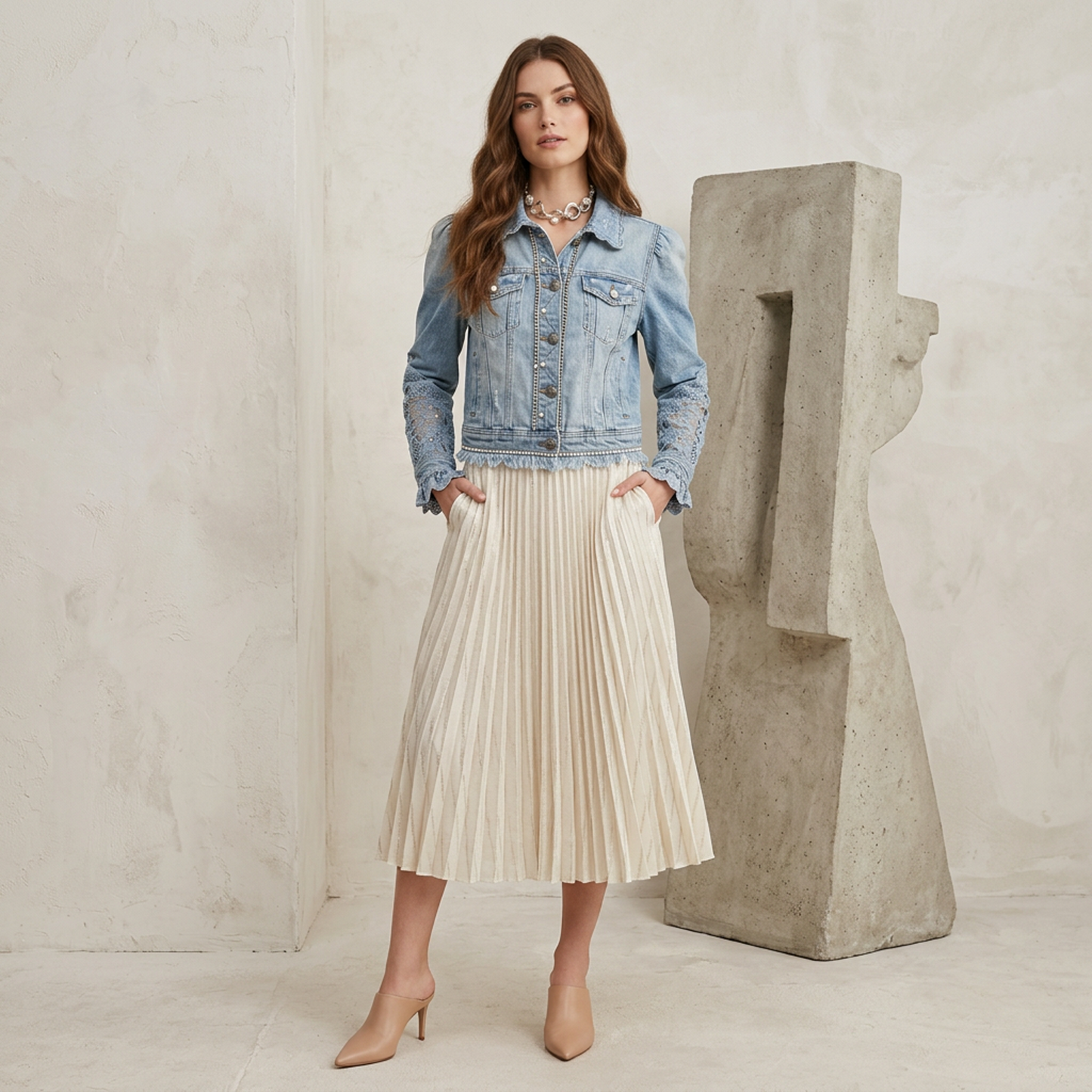 Vintage Boho Light Wash Denim Jacket – Romantic Puff Sleeve Cropped Jean Jacket with Floral Lace Cutouts, Pearl Buttons & Frayed Hem