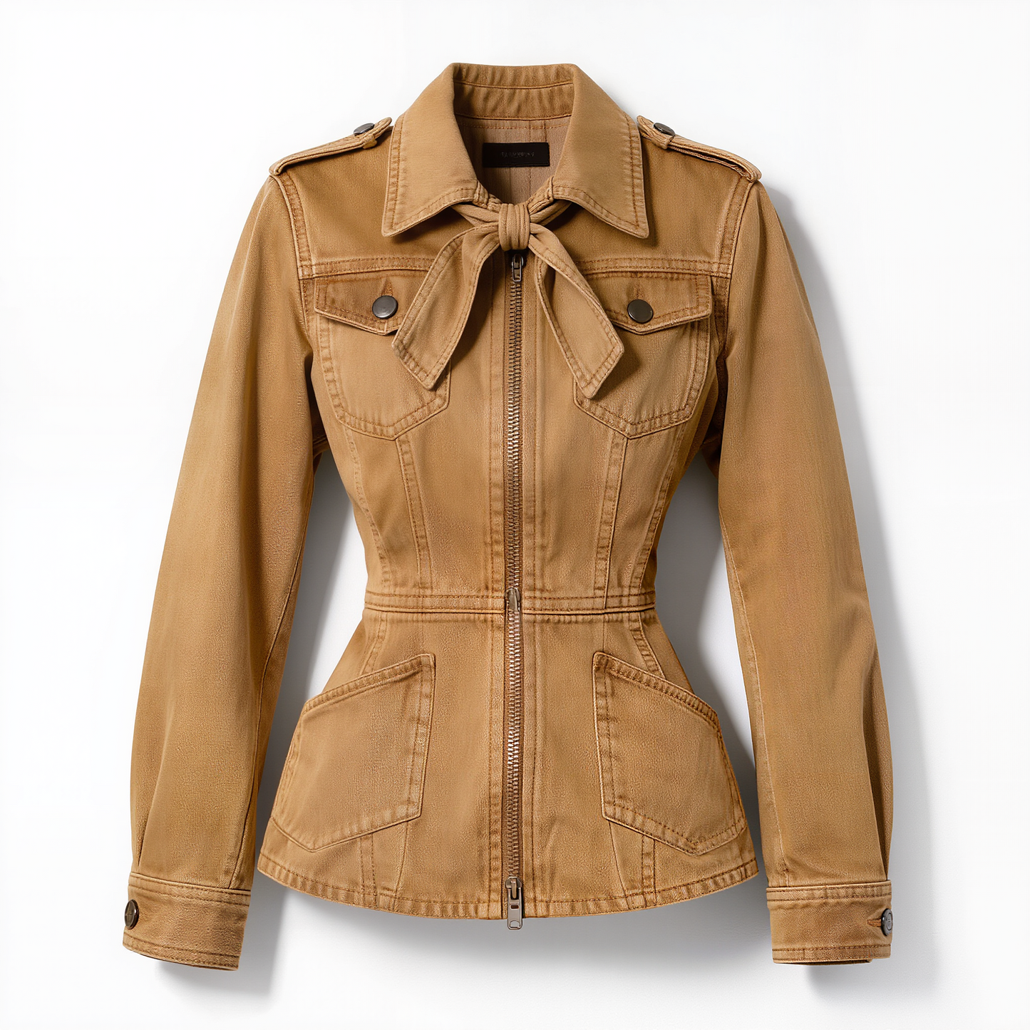 Tan Cinched Waist Utility Jacket with Neck Bow Detail