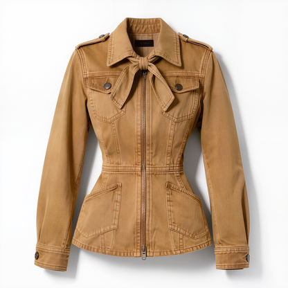 Tan Cinched Waist Utility Jacket with Neck Bow Detail