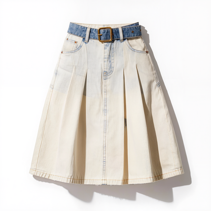 Two-Tone Pleated Denim Midi Skirt – Ivory Cream & Blue Denim A-Line Skirt with Contrast Belt &amp; Brass Buckle