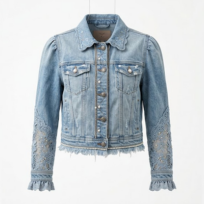 Vintage Boho Light Wash Denim Jacket – Romantic Puff Sleeve Cropped Jean Jacket with Floral Lace Cutouts, Pearl Buttons & Frayed Hem