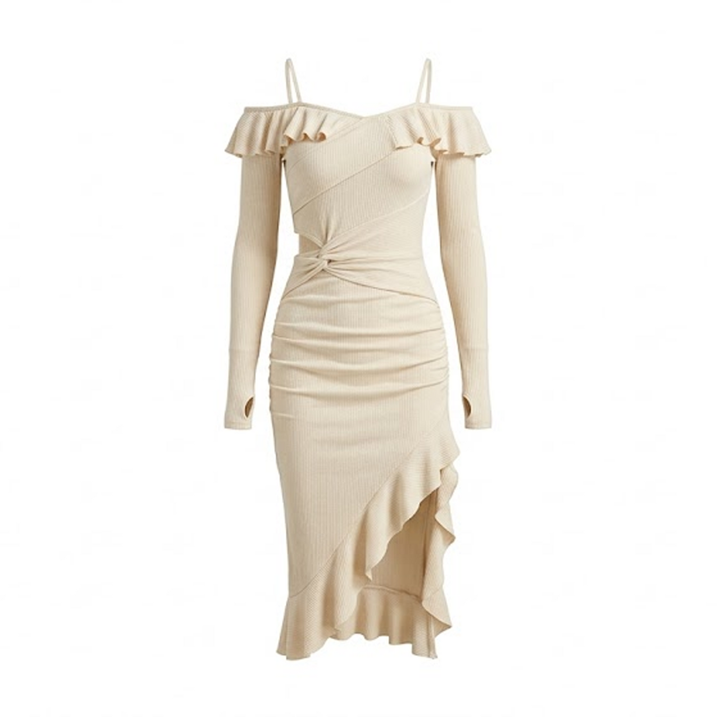 Romantic Cream Cold-Shoulder Ribbed Knit Midi Dress – Ruffle Off-Shoulder Bodycon Dress with Twist Front Cutout & Asymmetric Ruffle Hem