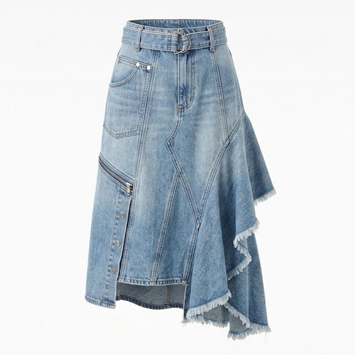 High-Low Asymmetrical Denim Midi Skirt – Western Utility A-Line Skirt with Raw Frayed Hem & Zipper Pocket