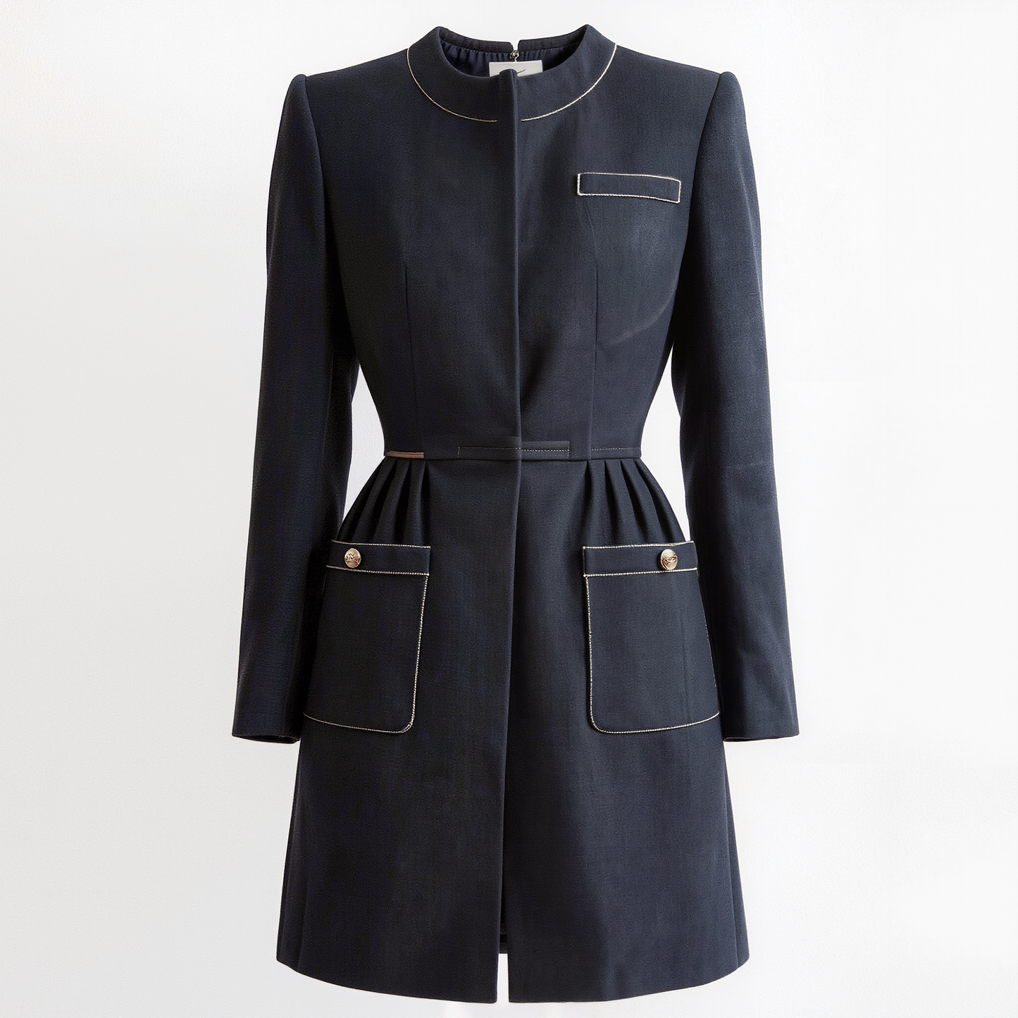 Tailored Navy Longline Coat  – Elegant Pleated Waist Overcoat with Contrast Topstitching & Gold Button Pockets