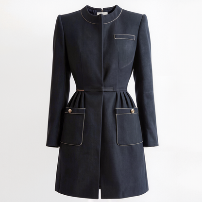 Tailored Navy Longline Coat  – Elegant Pleated Waist Overcoat with Contrast Topstitching & Gold Button Pockets