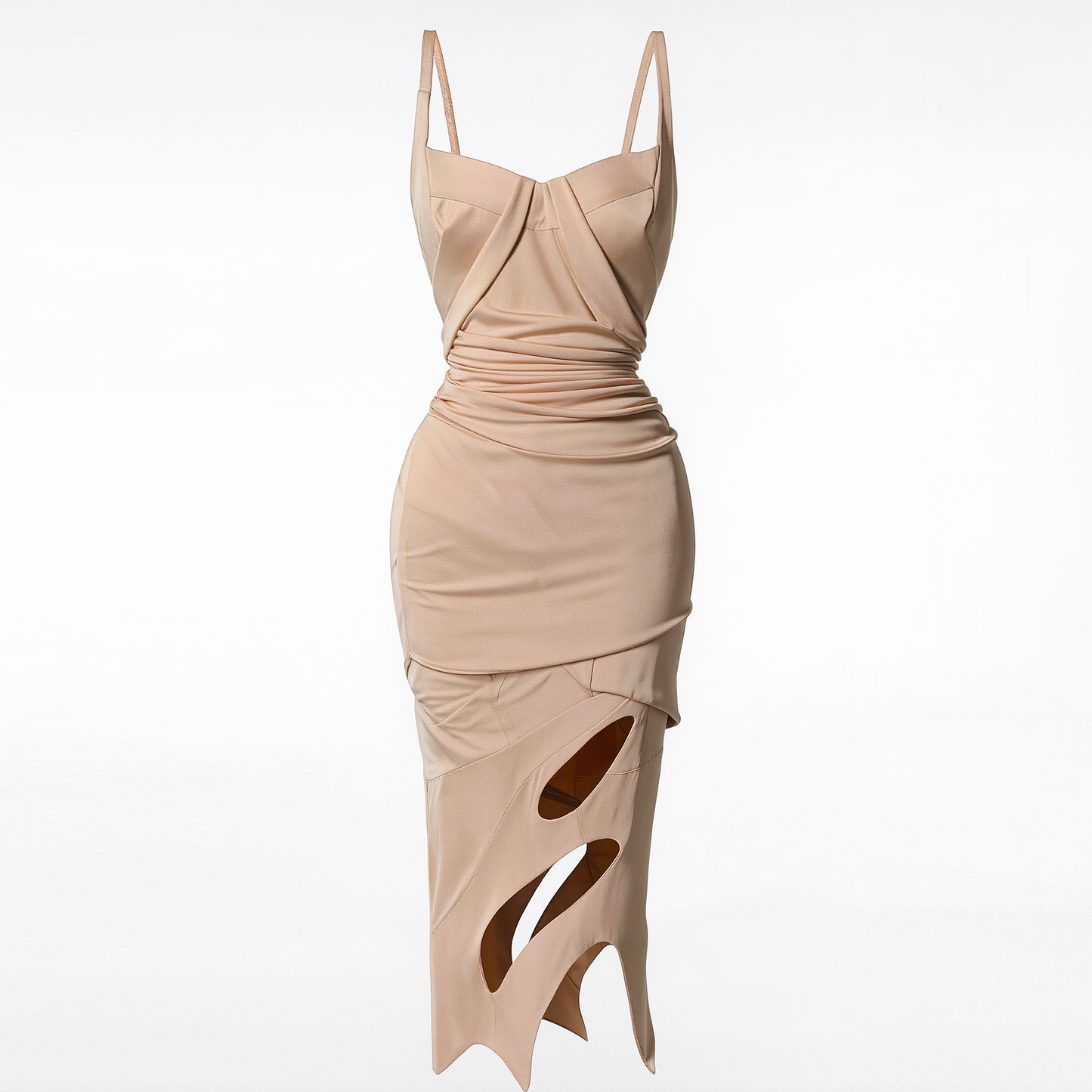Nude Draped Cutout Midi Dress