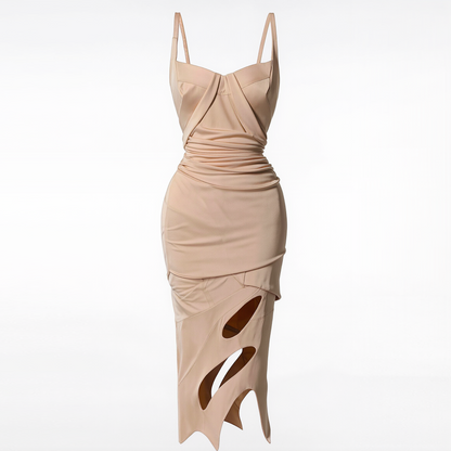 Nude Draped Cutout Midi Dress