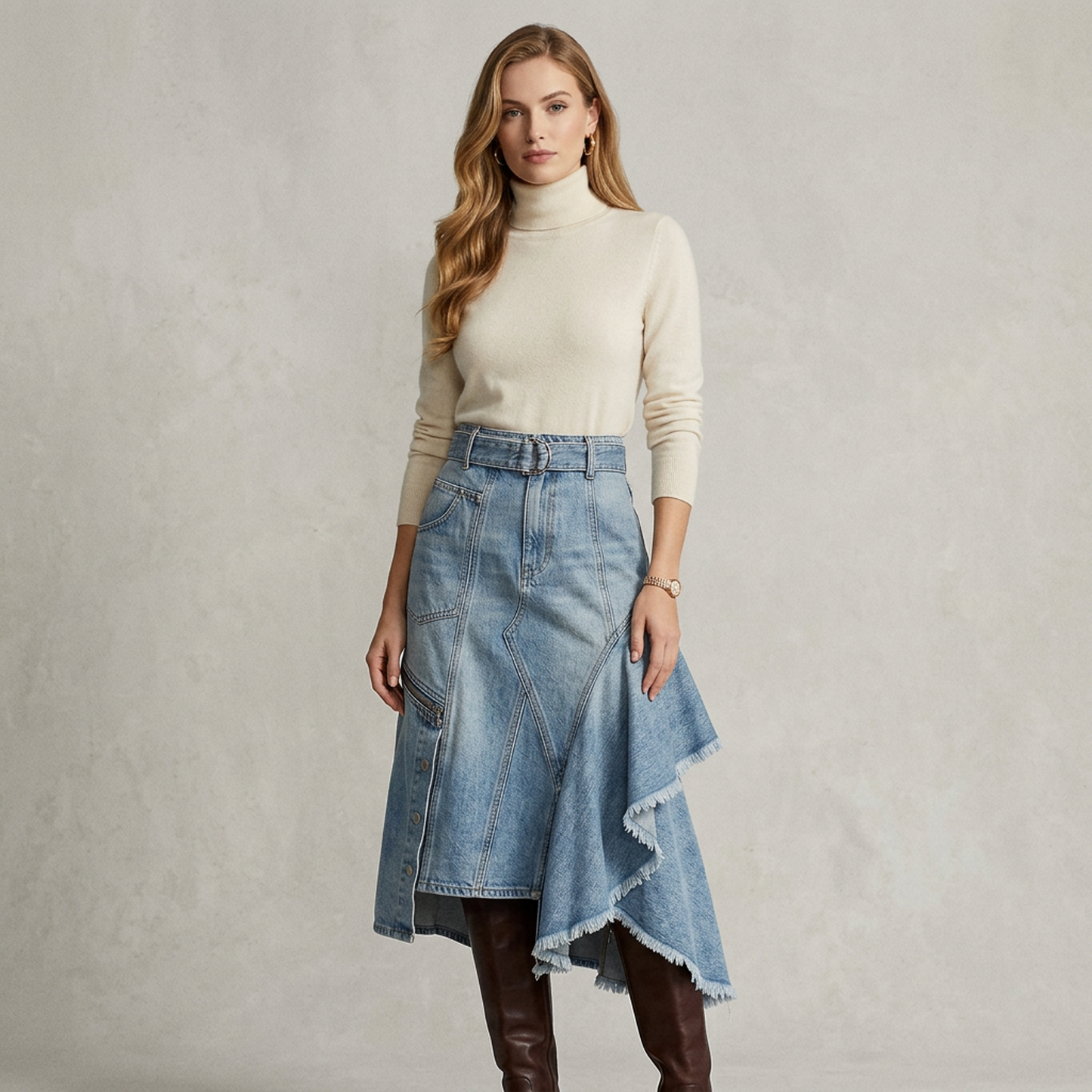 High-Low Asymmetrical Denim Midi Skirt – Western Utility A-Line Skirt with Raw Frayed Hem & Zipper Pocket