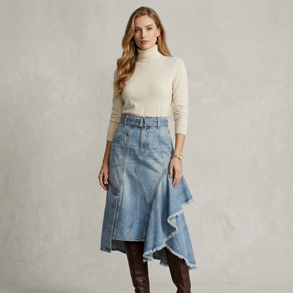 High-Low Asymmetrical Denim Midi Skirt – Western Utility A-Line Skirt with Raw Frayed Hem & Zipper Pocket
