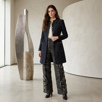 Tailored Navy Longline Coat  – Elegant Pleated Waist Overcoat with Contrast Topstitching & Gold Button Pockets