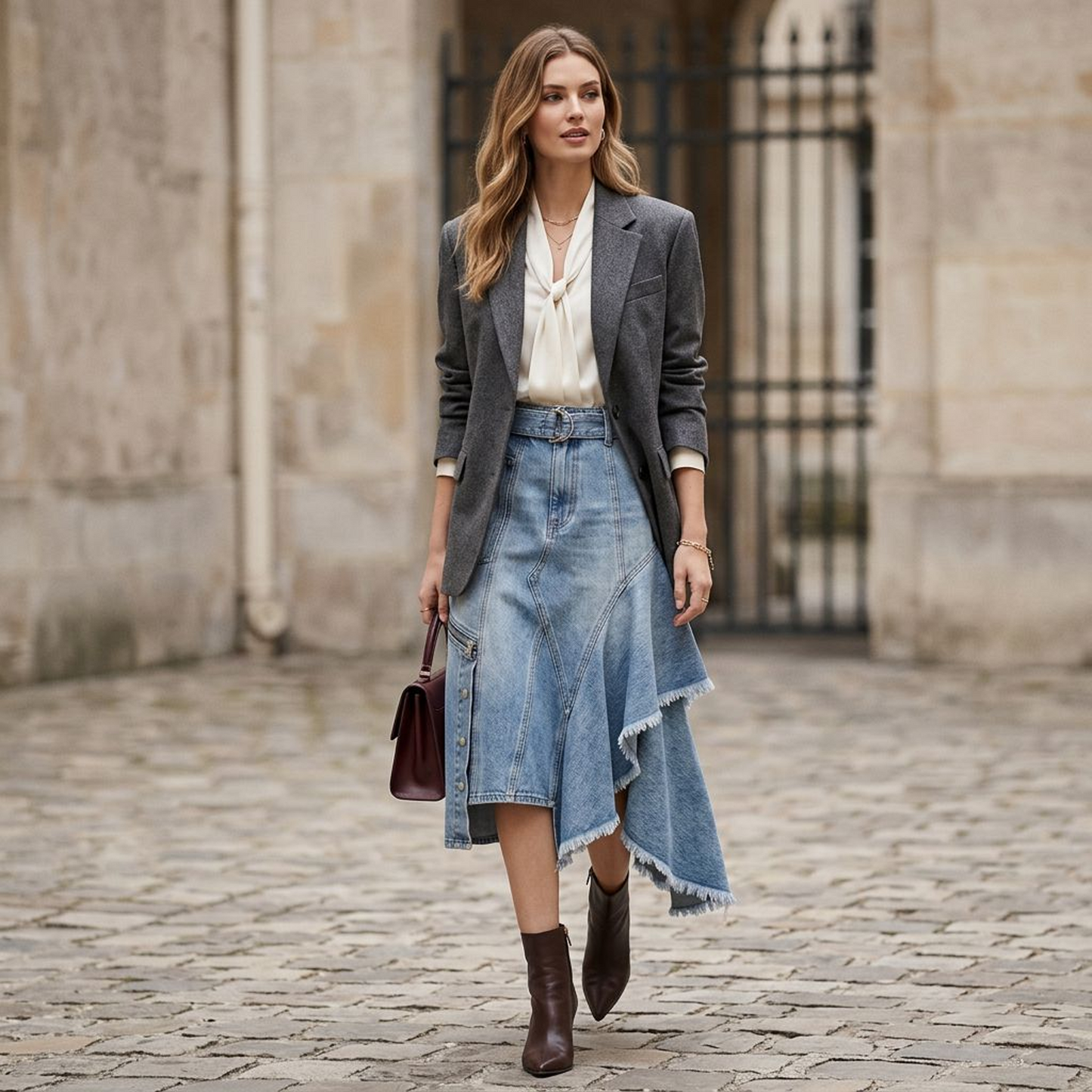 High-Low Asymmetrical Denim Midi Skirt – Western Utility A-Line Skirt with Raw Frayed Hem & Zipper Pocket