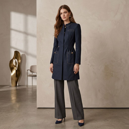 Tailored Navy Longline Coat  – Elegant Pleated Waist Overcoat with Contrast Topstitching & Gold Button Pockets