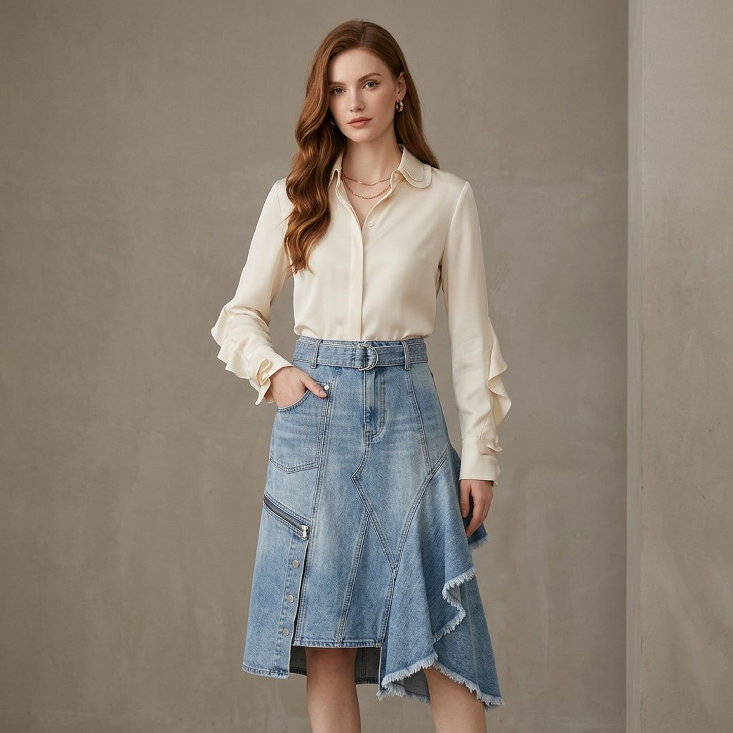 High-Low Asymmetrical Denim Midi Skirt – Western Utility A-Line Skirt with Raw Frayed Hem & Zipper Pocket
