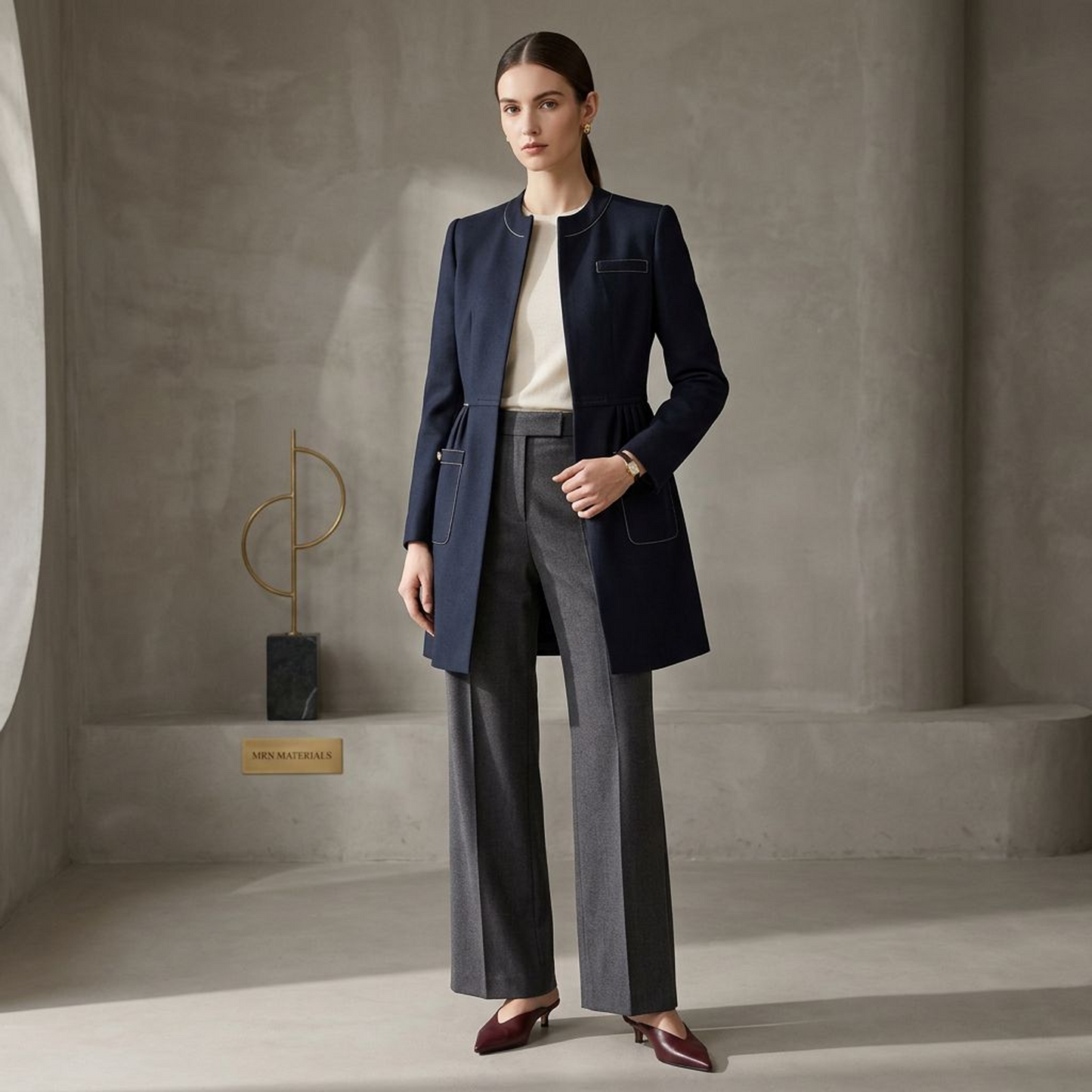Tailored Navy Longline Coat  – Elegant Pleated Waist Overcoat with Contrast Topstitching & Gold Button Pockets