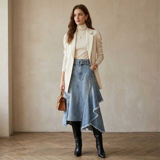High-Low Asymmetrical Denim Midi Skirt – Western Utility A-Line Skirt with Raw Frayed Hem & Zipper Pocket