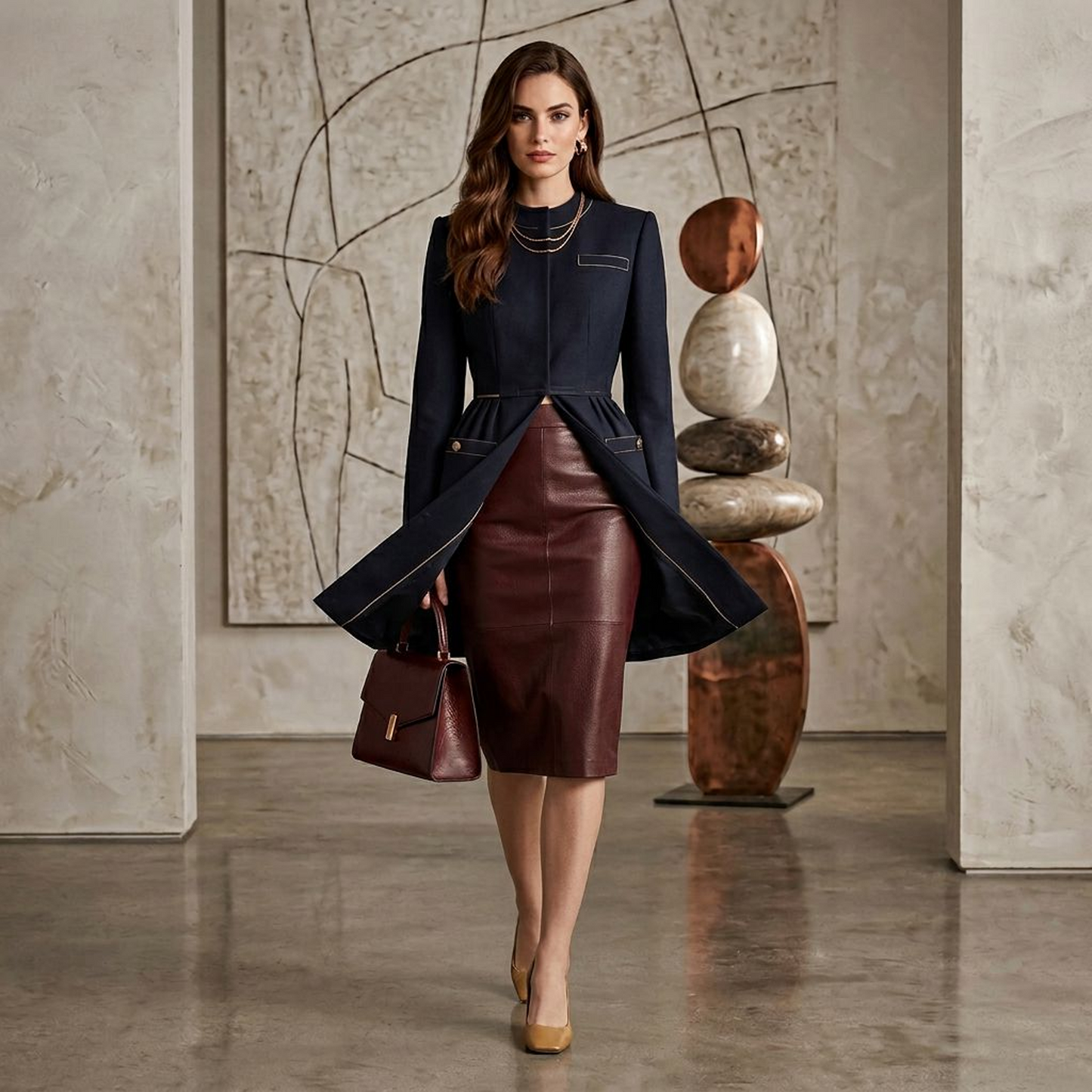 Tailored Navy Longline Coat  – Elegant Pleated Waist Overcoat with Contrast Topstitching & Gold Button Pockets