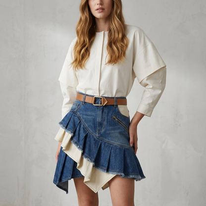 Asymmetrical Denim Ruffle Mini Skirt – Western Boho Patchwork Pleated Skort with Leather Belt