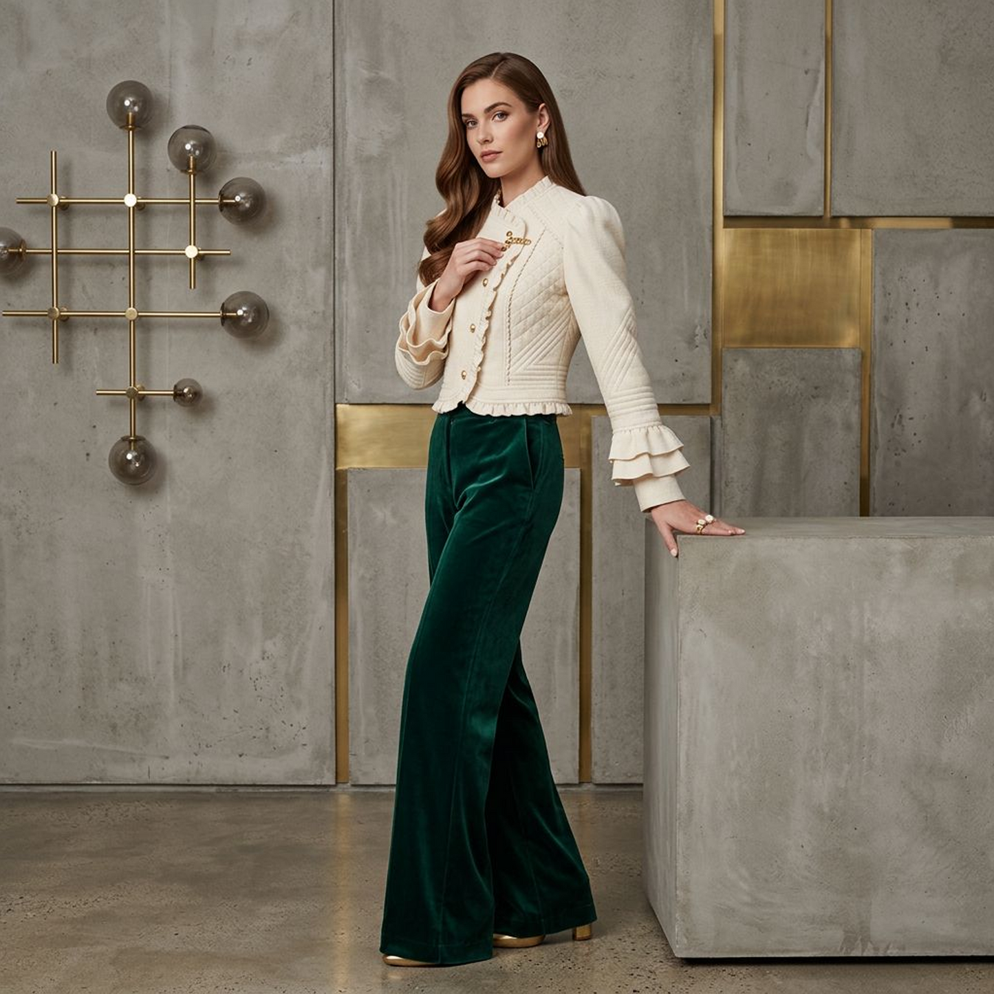 Vintage Quilted Cream Cropped Jacket – Romantic Victorian-Inspired Ruffle Trim Blazer with Gold Toggle Closure & Tiered Bell Sleeves