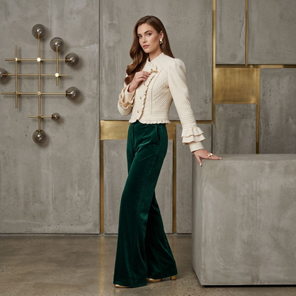 Vintage Quilted Cream Cropped Jacket – Romantic Victorian-Inspired Ruffle Trim Blazer with Gold Toggle Closure & Tiered Bell Sleeves