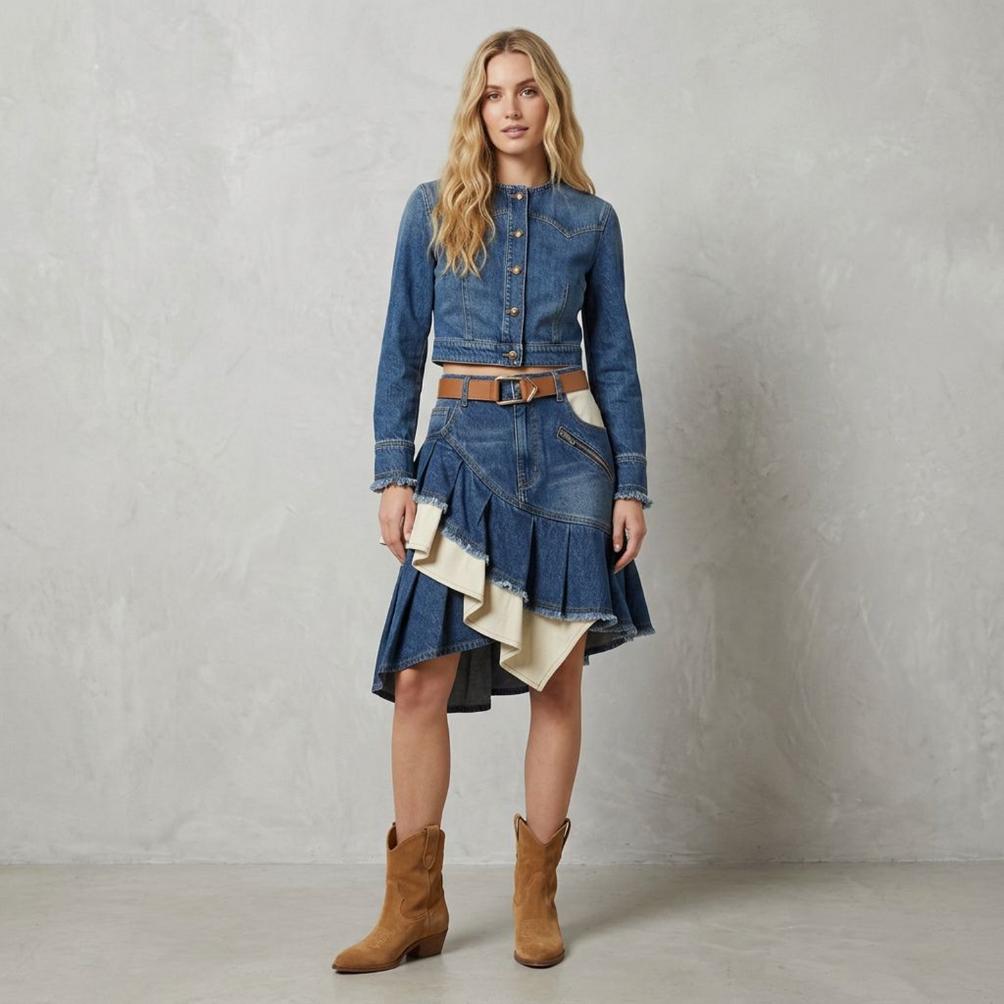 Asymmetrical Denim Ruffle Mini Skirt – Western Boho Patchwork Pleated Skort with Leather Belt