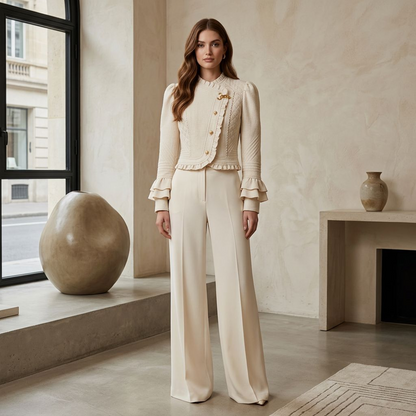 Vintage Quilted Cream Cropped Jacket – Romantic Victorian-Inspired Ruffle Trim Blazer with Gold Toggle Closure & Tiered Bell Sleeves