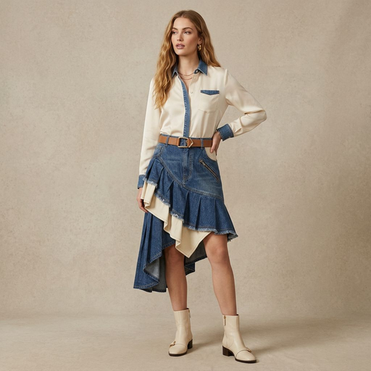 Asymmetrical Denim Ruffle Mini Skirt – Western Boho Patchwork Pleated Skort with Leather Belt