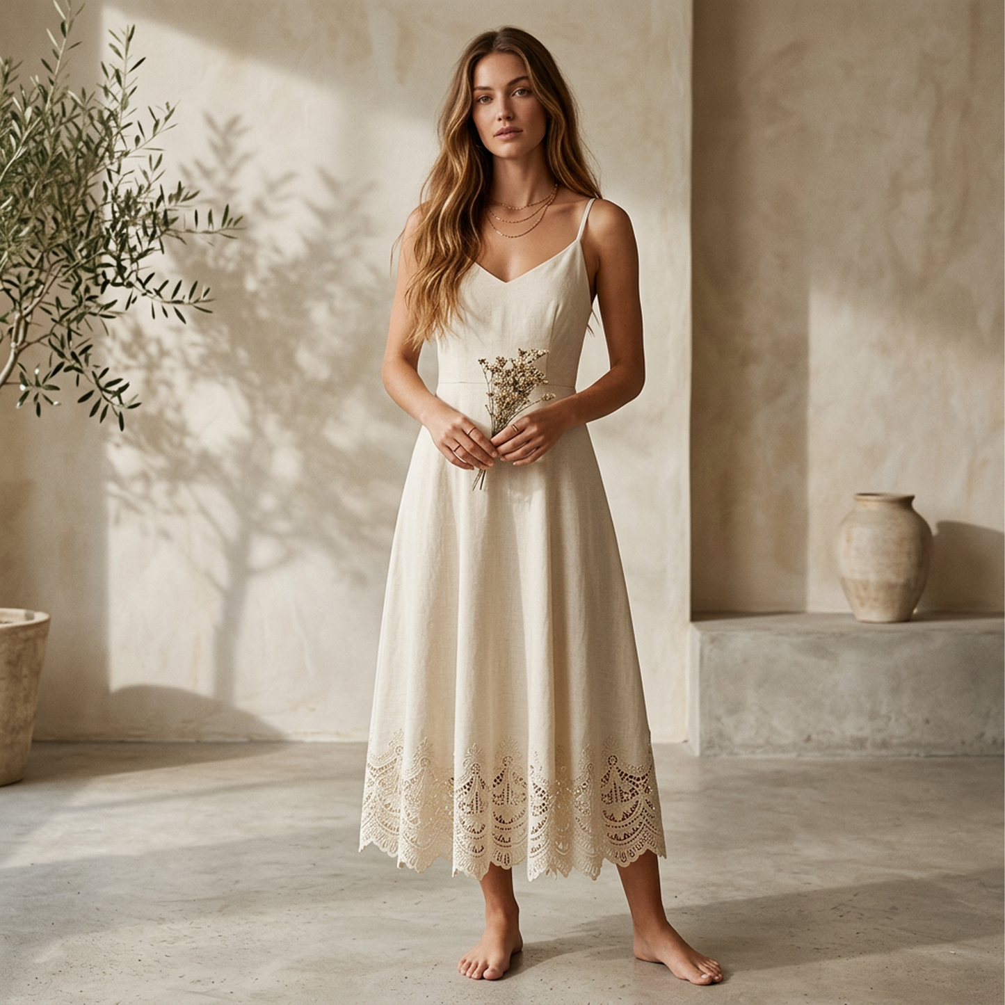 Ivory Linen-Blend Cami Midi Dress with Scalloped Lace Hem