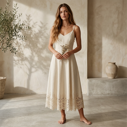 Ivory Linen-Blend Cami Midi Dress with Scalloped Lace Hem
