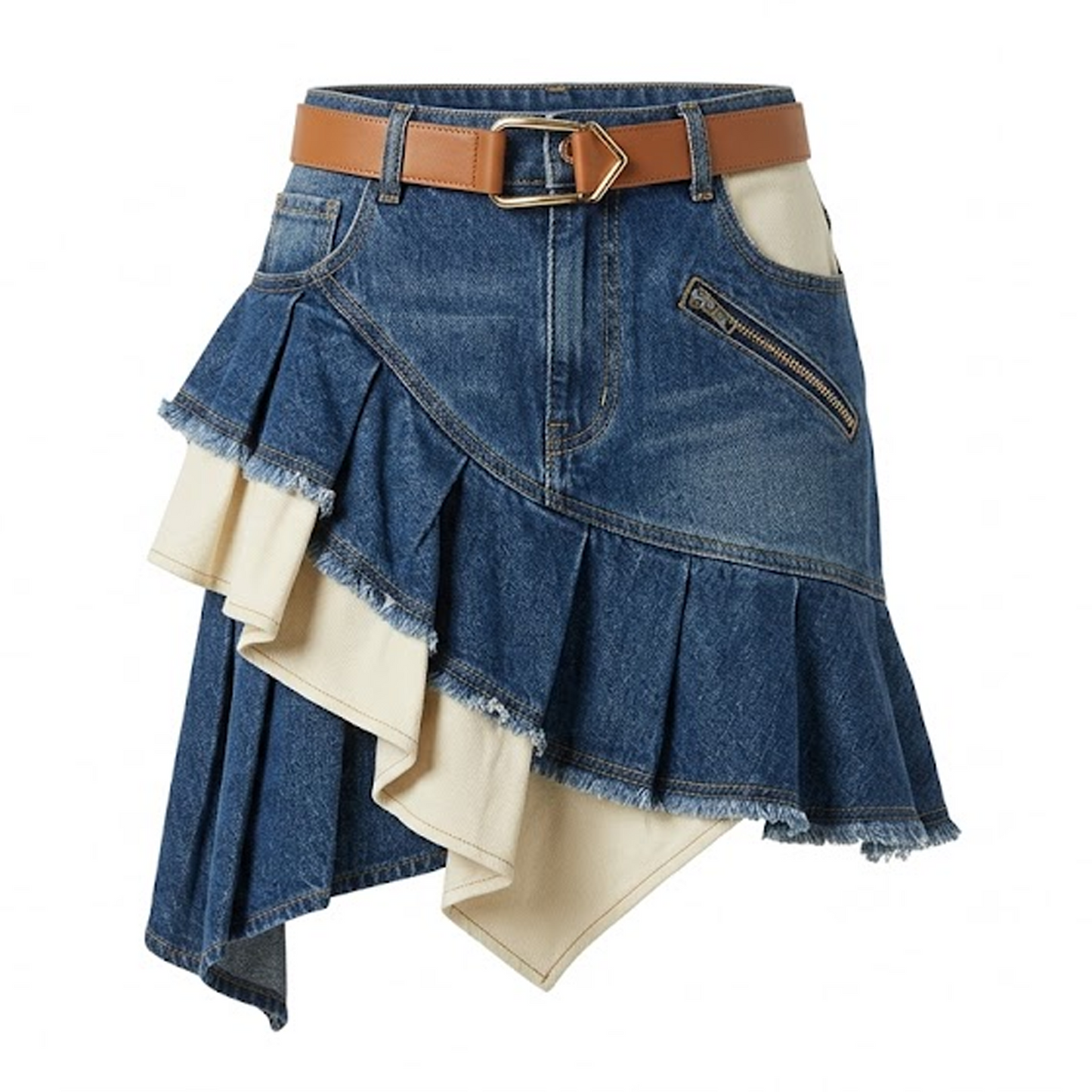 Asymmetrical Denim Ruffle Mini Skirt – Western Boho Patchwork Pleated Skort with Leather Belt